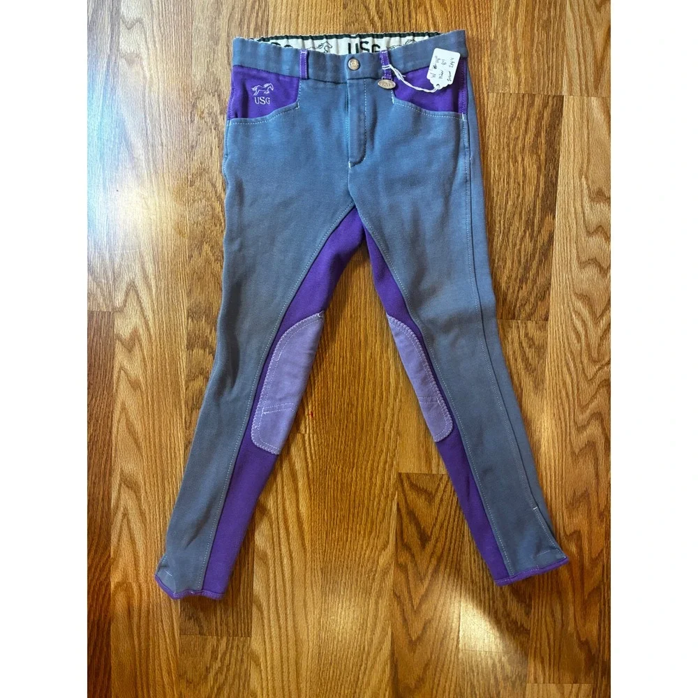 USG Equestrian Riding Breeches Horseback Performance Gear Kids 12 Grey Purple